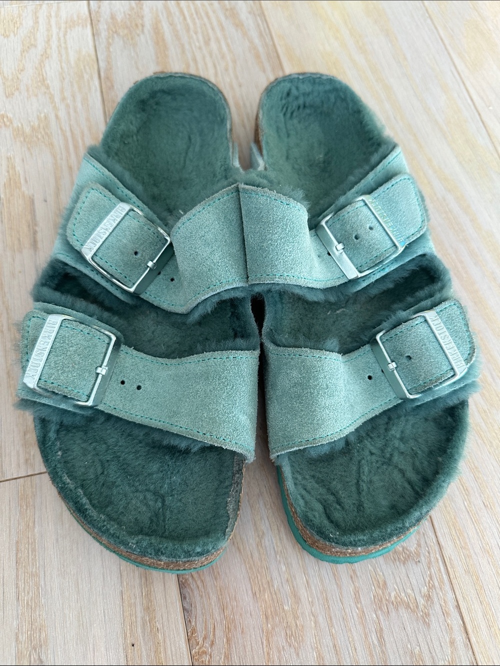 Birkenstock Arizona Shearling Sandal in Beryl Green Suede